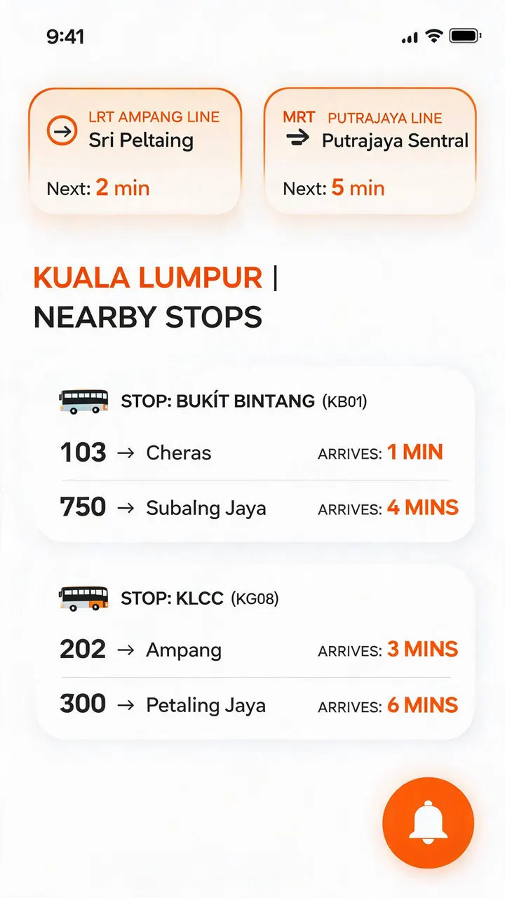 Malaysia home screen — nearby Kuala Lumpur stops with live arrivals