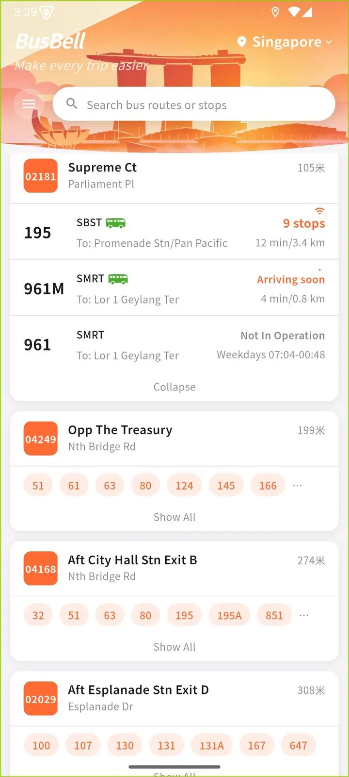 Singapore home screen — nearby bus stops with live arrival countdowns