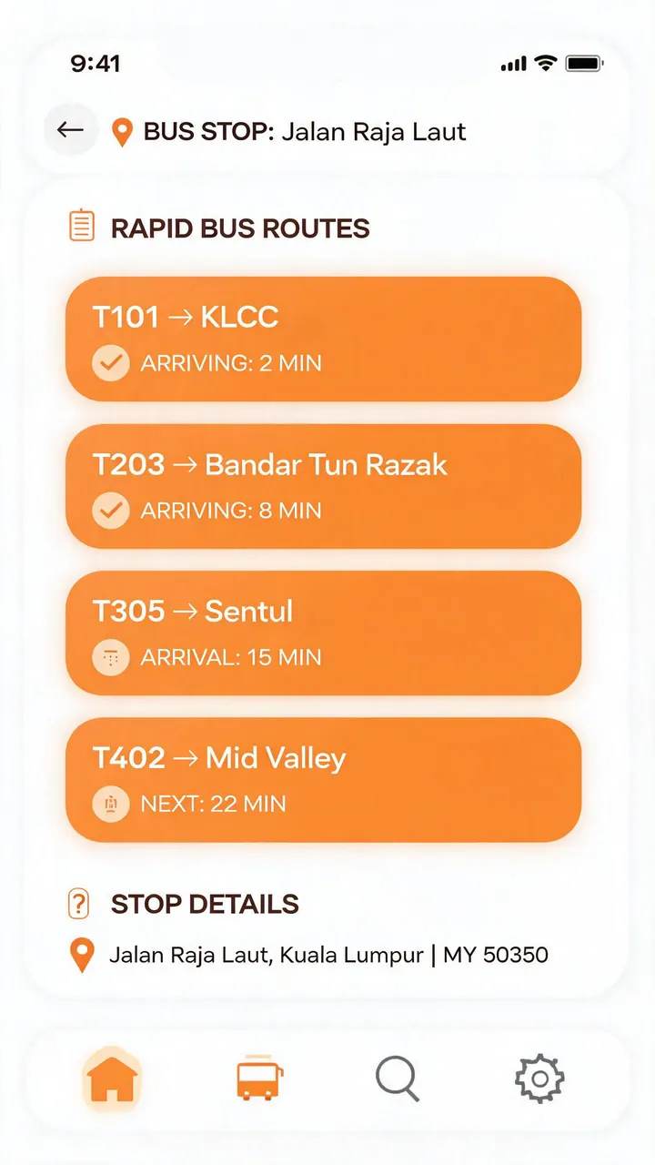 Malaysia bus stop detail — serving routes and next arrivals