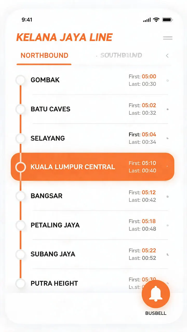 Malaysia rail line view — LRT and MRT stations with first and last train times